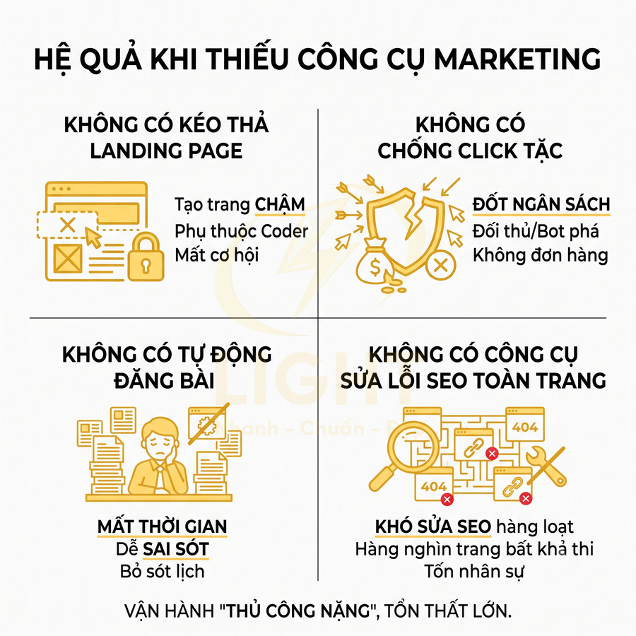 Infographic hậu quả khi thiếu công cụ marketing: không kéo thả landing page, không chống click tặc, không tự động đăng bài, không sửa lỗi SEO
