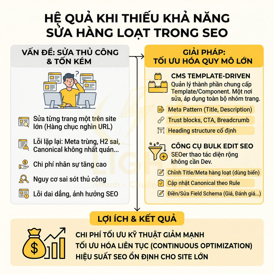 Infographic giải thích hậu quả thiếu khả năng sửa SEO hàng loạt và giải pháp tối ưu hóa quy mô lớn cho website lớn