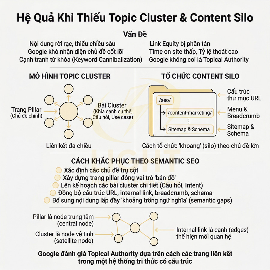 Hệ quả khi thiếu topic cluster và content silo trong SEO và cách khắc phục bằng mô hình semantic SEO