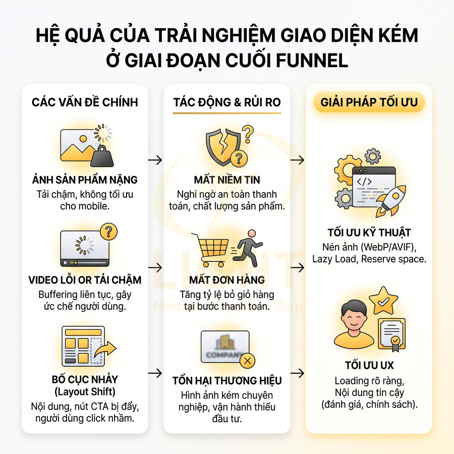 Mô tả hậu quả giao diện kém ở cuối funnel và giải pháp tối ưu kỹ thuật, UX cho website bán hàng
