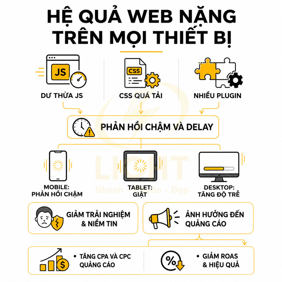 Minh họa hậu quả web nặng do dư thừa JS, CSS quá tải, nhiều plugin gây chậm trên mobile, tablet, desktop