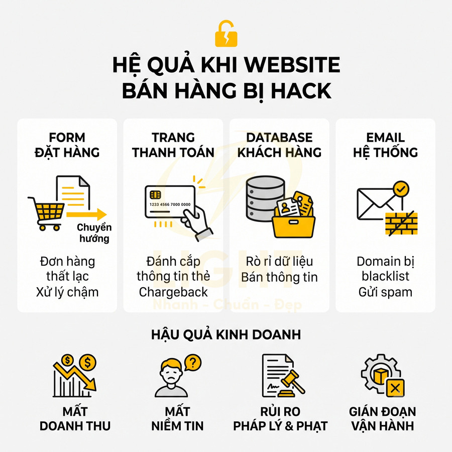 Hậu quả khi website bán hàng bị hack ảnh hưởng form đặt hàng, thanh toán, database khách hàng và email hệ thống