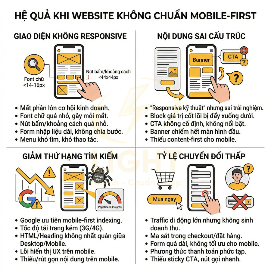 Infographic hậu quả website không chuẩn mobile first: giao diện không responsive, giảm thứ hạng tìm kiếm, tỷ lệ chuyển đổi thấp