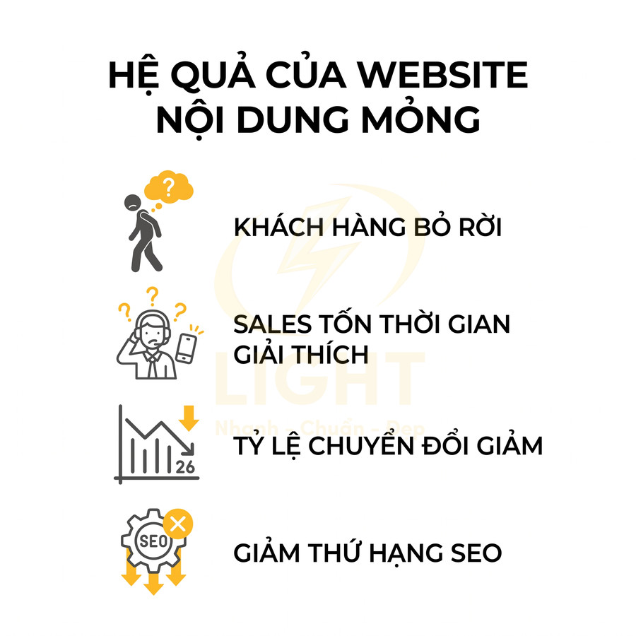 Hệ quả website nội dung mỏng với icon minh họa khách hàng bỏ đi, sales tốn thời gian, giảm chuyển đổi và tụt hạng SEO