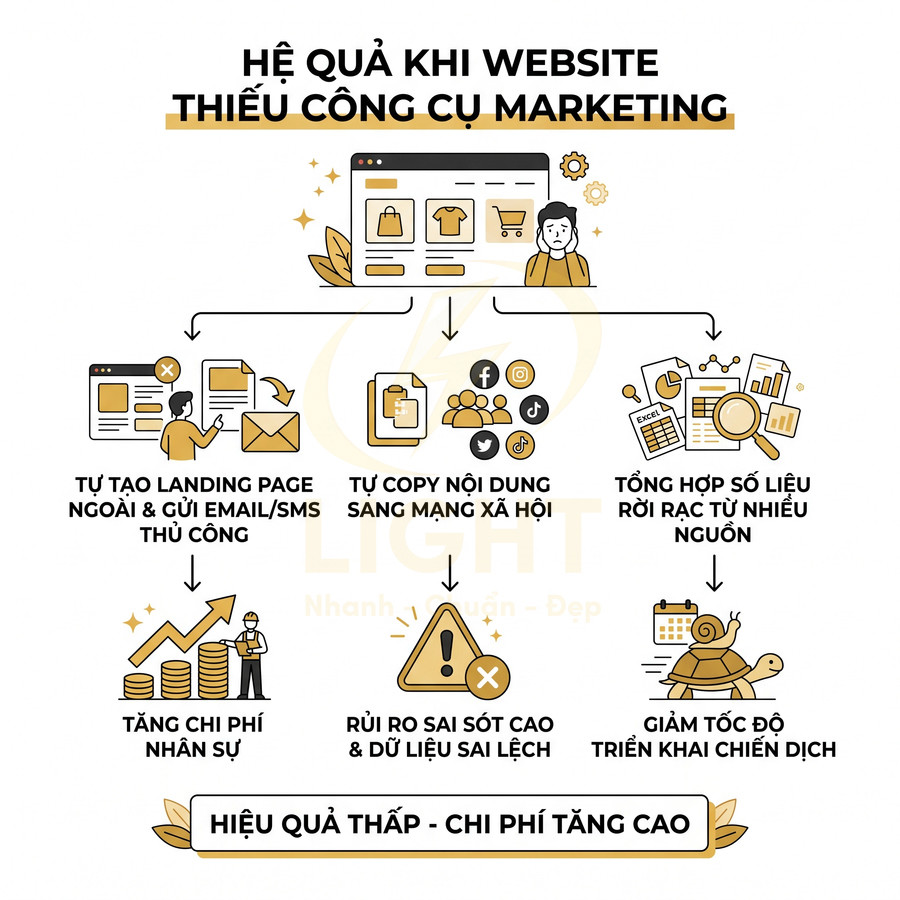 Infographic hậu quả website thiếu công cụ marketing với chi phí nhân sự tăng, rủi ro sai sót và hiệu quả thấp