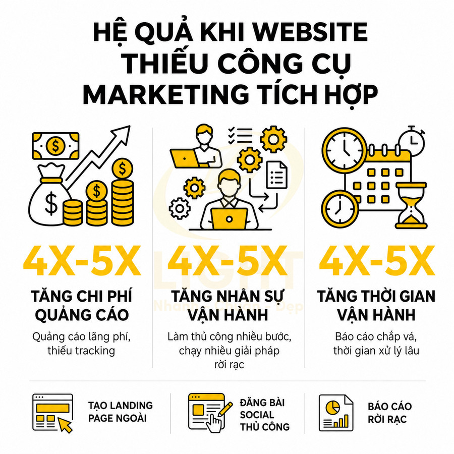 Hệ quả khi website thiếu công cụ marketing tích hợp làm tăng chi phí quảng cáo nhân sự và thời gian vận hành