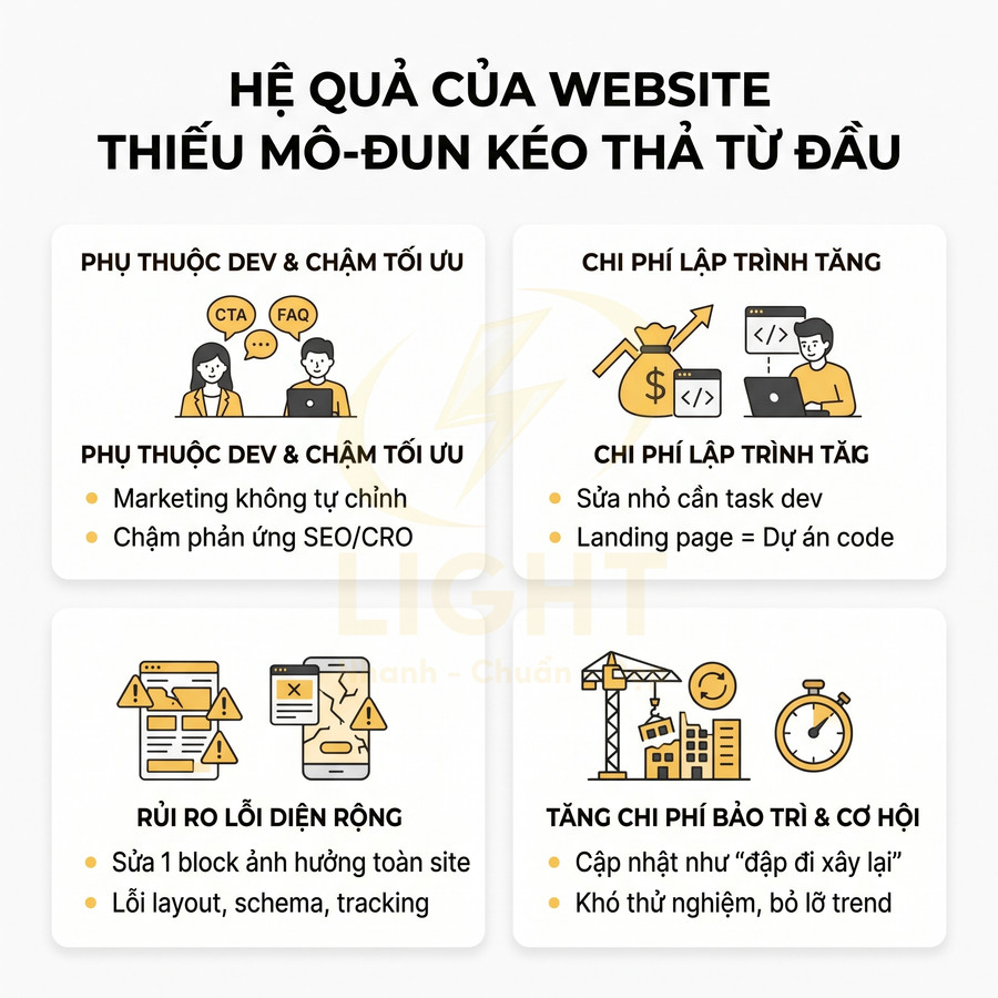 Hệ quả website thiếu mô đun kéo thả: phụ thuộc dev, tăng chi phí lập trình, rủi ro lỗi diện rộng, tăng chi phí bảo trì