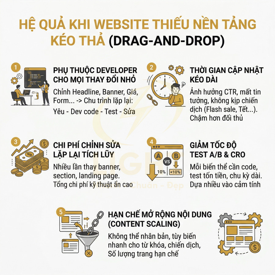 Infographic nêu 5 hệ quả khi website thiếu nền tảng kéo thả drag and drop trong quản lý nội dung