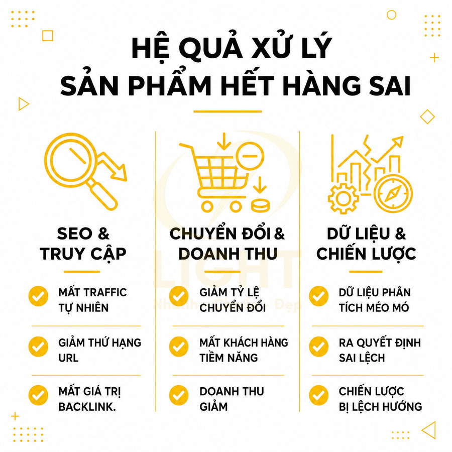 Hệ quả xử lý sản phẩm hết hàng sai ảnh hưởng SEO truy cập chuyển đổi doanh thu và dữ liệu chiến lược