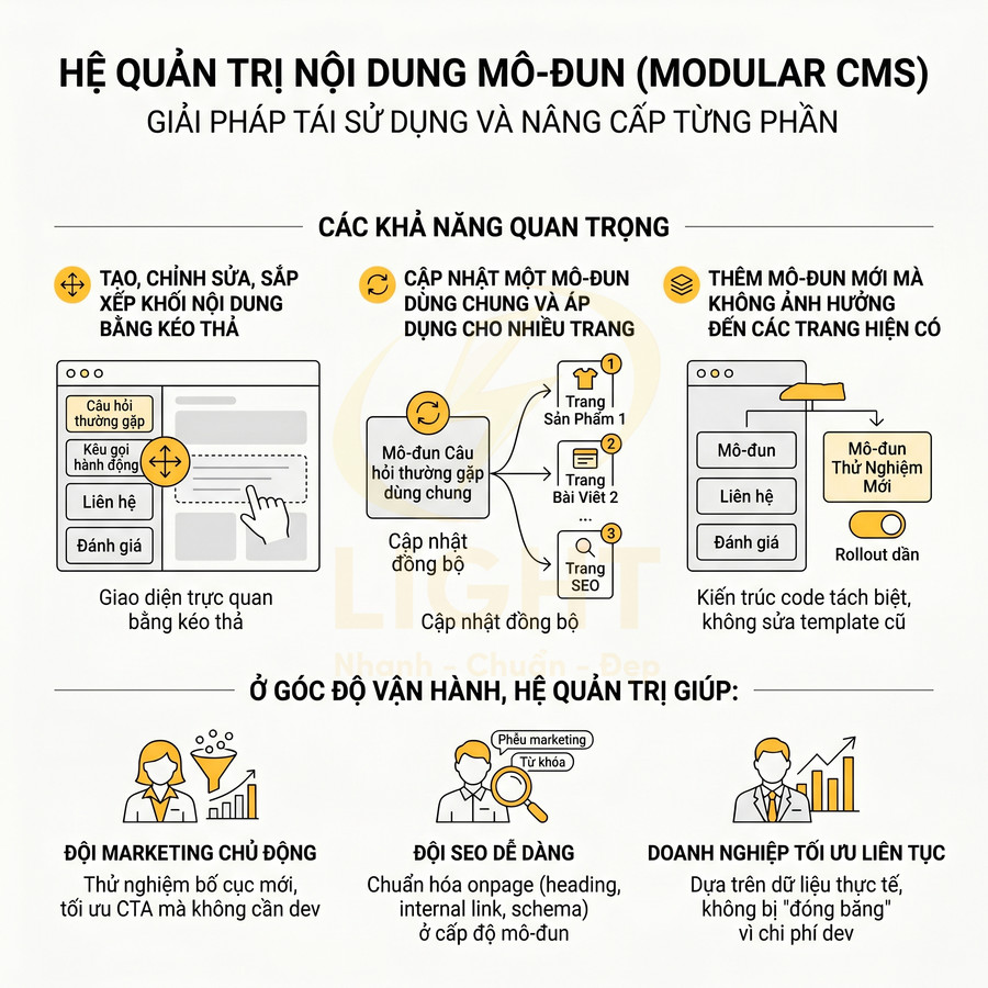 Mô tả hệ quản trị nội dung mô-đun Modular CMS với các tính năng kéo thả, cập nhật đồng bộ và tối ưu SEO cho doanh nghiệp