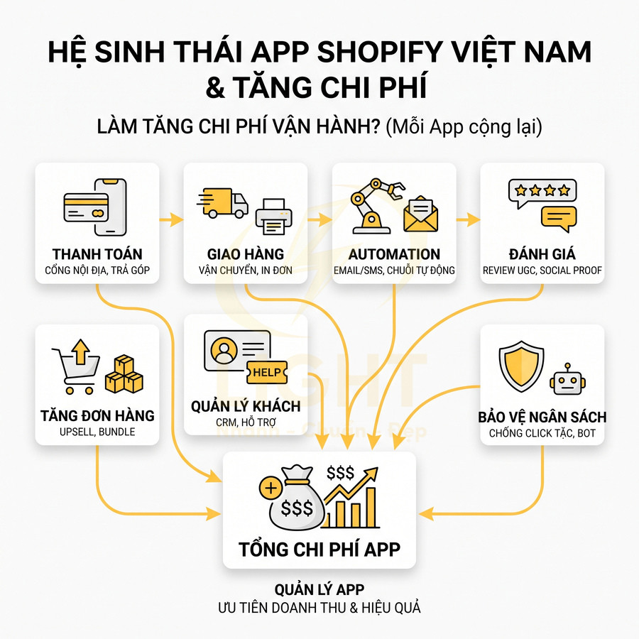 Hệ sinh thái app Shopify Việt Nam và các nhóm ứng dụng làm tăng tổng chi phí vận hành cửa hàng online