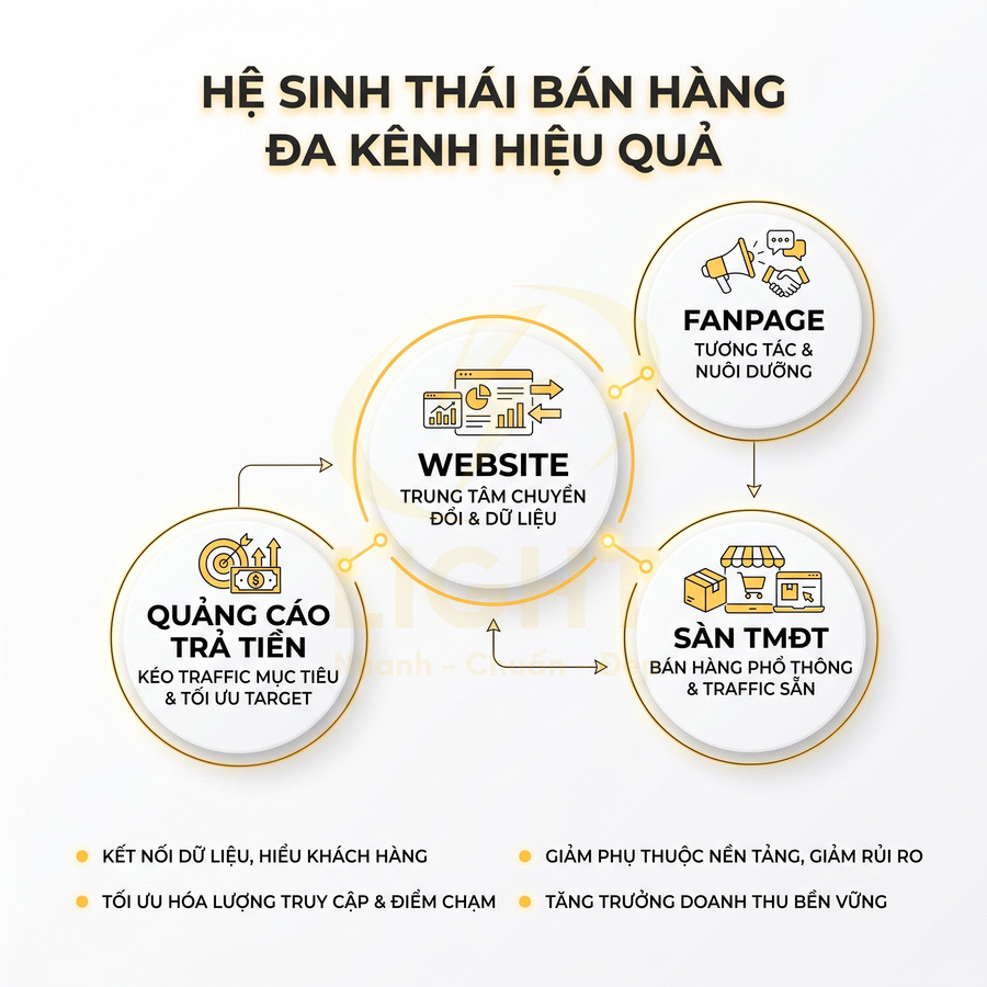 Mô hình hệ sinh thái bán hàng đa kênh với website, fanpage, quảng cáo trả tiền và sàn thương mại điện tử