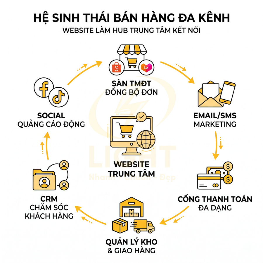Mô hình hệ sinh thái bán hàng đa kênh với website làm trung tâm kết nối social, sàn TMĐT, CRM, kho và thanh toán