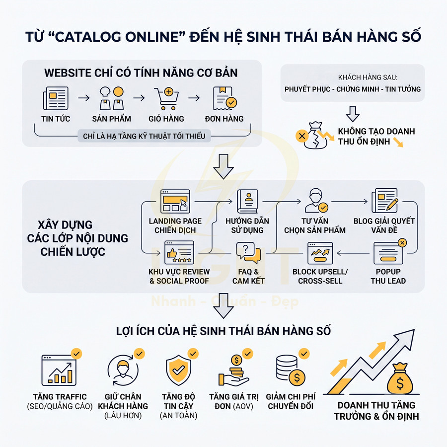 Sơ đồ quy trình xây dựng hệ sinh thái bán hàng số và lợi ích tăng traffic, giữ chân khách, tăng doanh thu ổn định