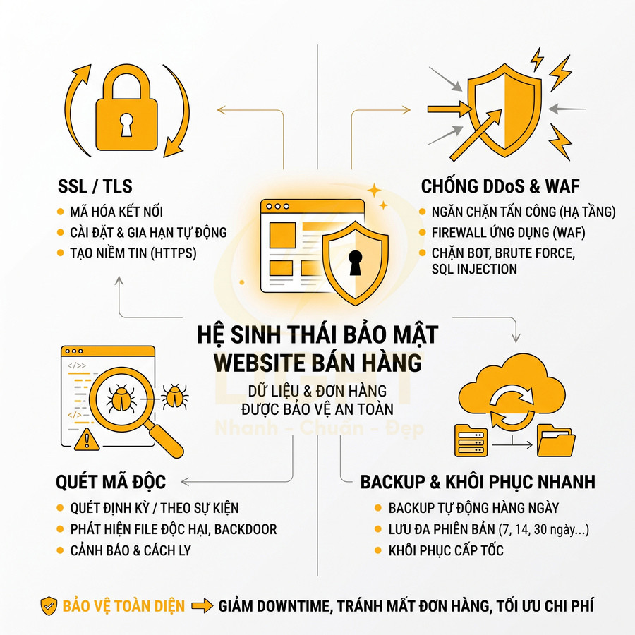 Giải pháp bảo mật website bán hàng với SSL TLS, chống DDoS WAF, quét mã độc, backup và khôi phục dữ liệu nhanh