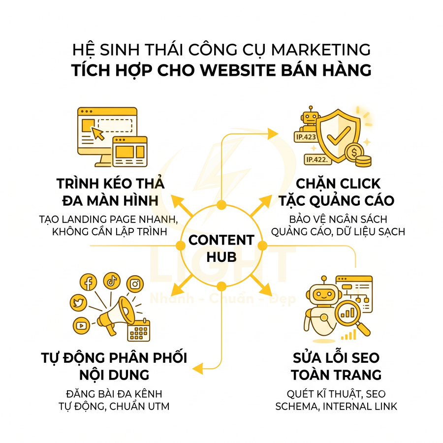 Hệ sinh thái công cụ marketing tích hợp cho website bán hàng với content hub và các tính năng kéo thả, chặn click ảo, SEO, phân phối nội dung