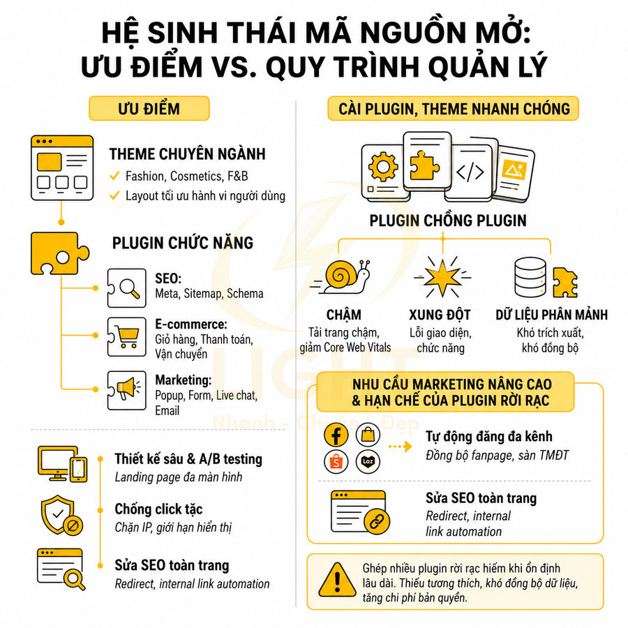 Infographic hệ sinh thái mã nguồn mở, so sánh ưu điểm và quy trình quản lý plugin, theme cho website marketing