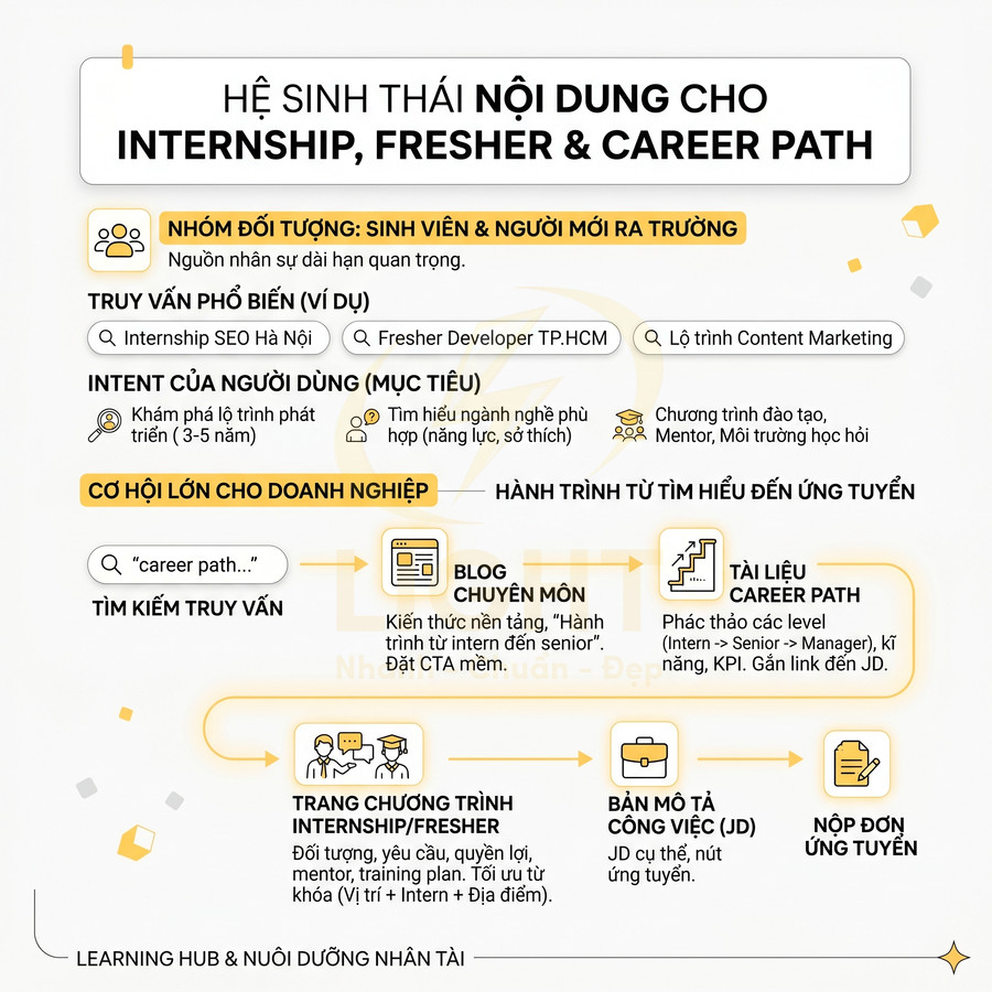 Infographic hệ sinh thái nội dung cho internship fresher career path và hành trình từ tìm hiểu đến nộp đơn ứng tuyển