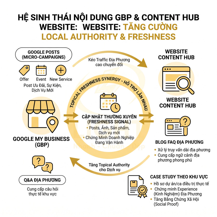 Sơ đồ hệ sinh thái nội dung Google My Business và website content hub tăng local authority và freshness
