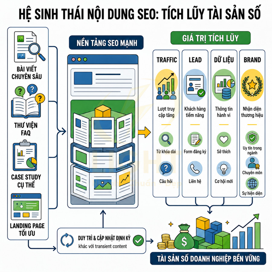 Mô hình hệ sinh thái nội dung SEO minh họa quy trình xây dựng nền tảng SEO mạnh và tích lũy tài sản số