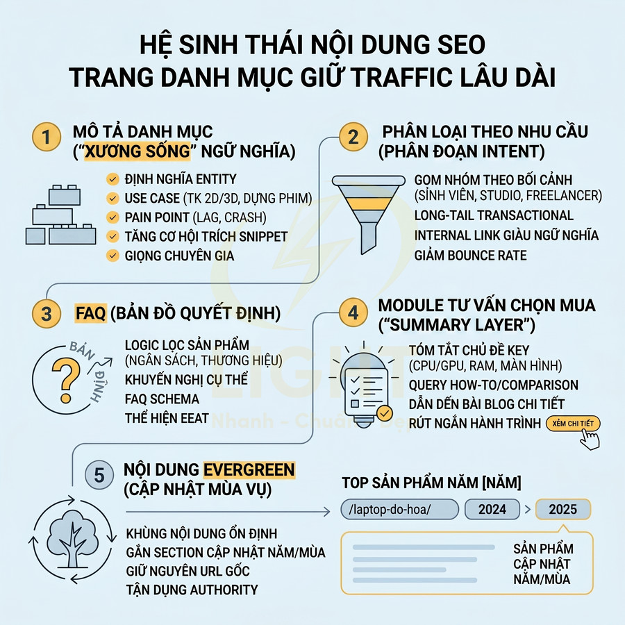 Infographic hệ sinh thái nội dung SEO cho trang danh mục, gồm mô tả danh mục, phân loại nhu cầu, FAQ, tư vấn mua và nội dung evergreen