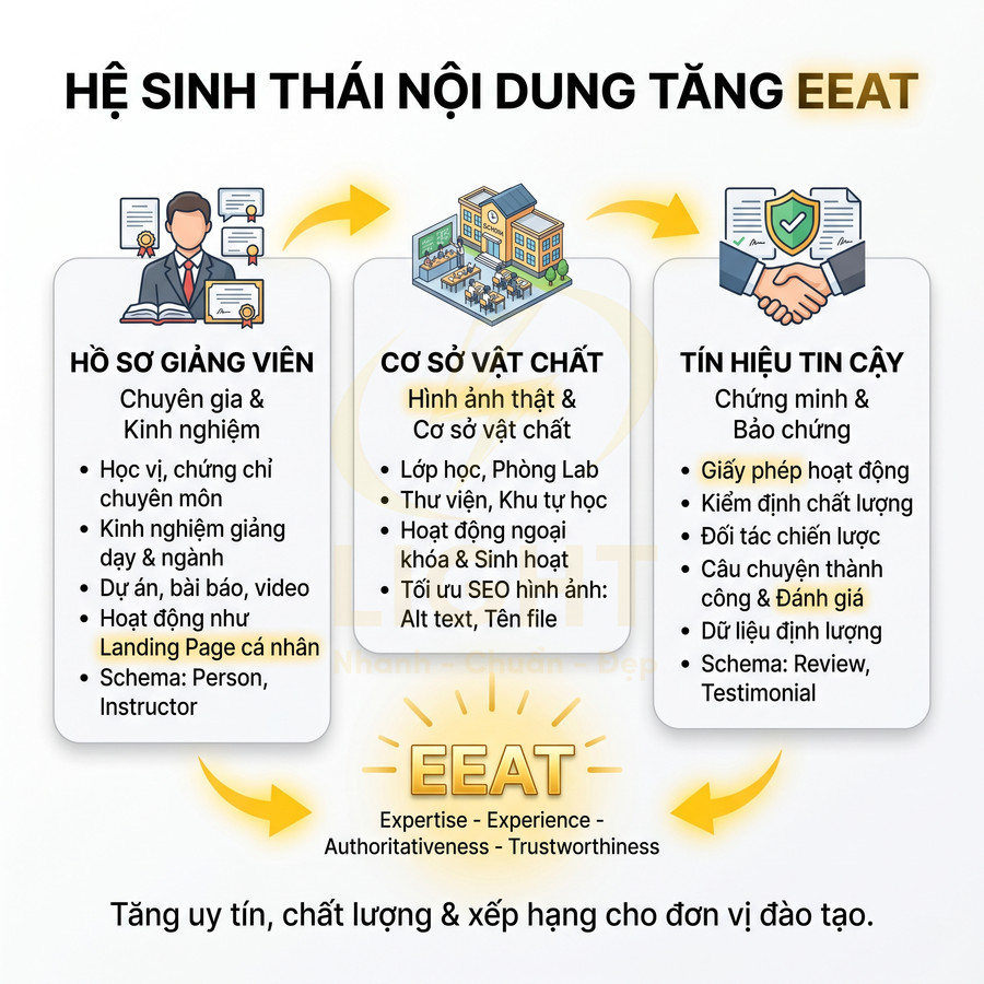 Infographic hệ sinh thái nội dung tăng EEAT cho đơn vị đào tạo với hồ sơ giảng viên, cơ sở vật chất và tín hiệu tin cậy
