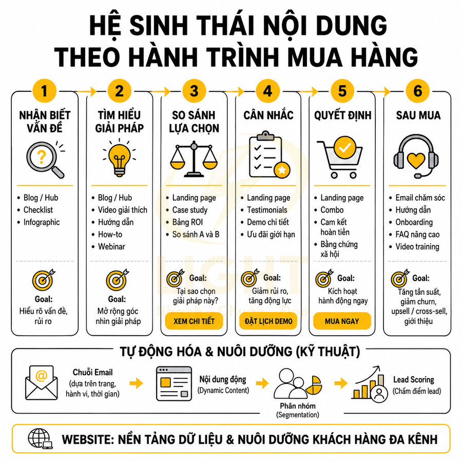 Hệ sinh thái nội dung theo hành trình mua hàng với 6 giai đoạn và các loại nội dung marketing tương ứng