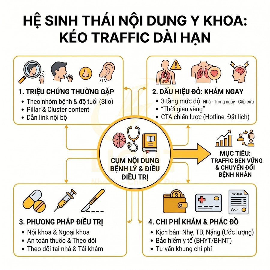 Infographic hệ sinh thái nội dung y khoa với cụm nội dung bệnh lý điều trị và các bước kéo traffic dài hạn