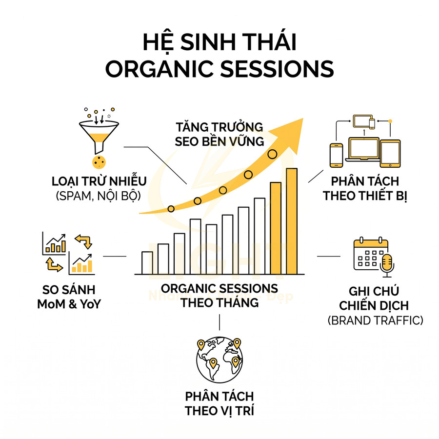 Mô hình hệ sinh thái organic sessions với biểu đồ tăng trưởng SEO bền vững và các yếu tố phân tích traffic