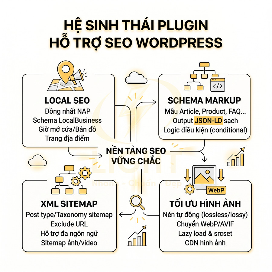 Hệ sinh thái plugin hỗ trợ SEO WordPress với local SEO, schema markup, XML sitemap và tối ưu hình ảnh