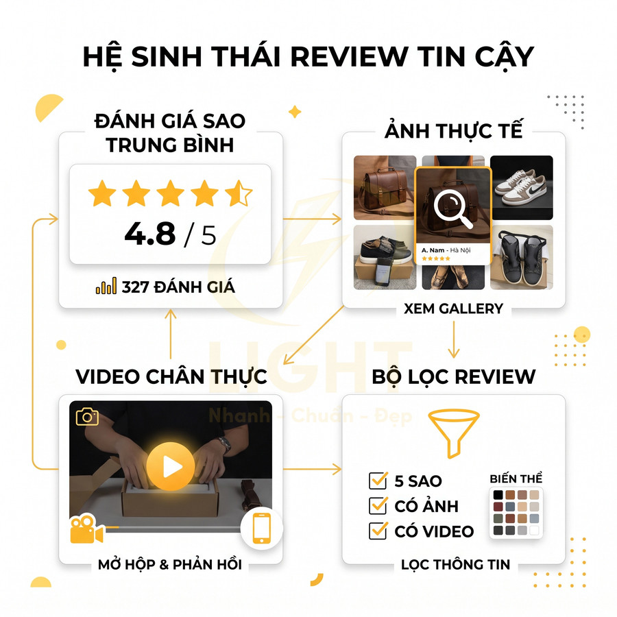 Hệ thống review sản phẩm thời trang với đánh giá sao, ảnh thực tế, video mở hộp và bộ lọc review chi tiết