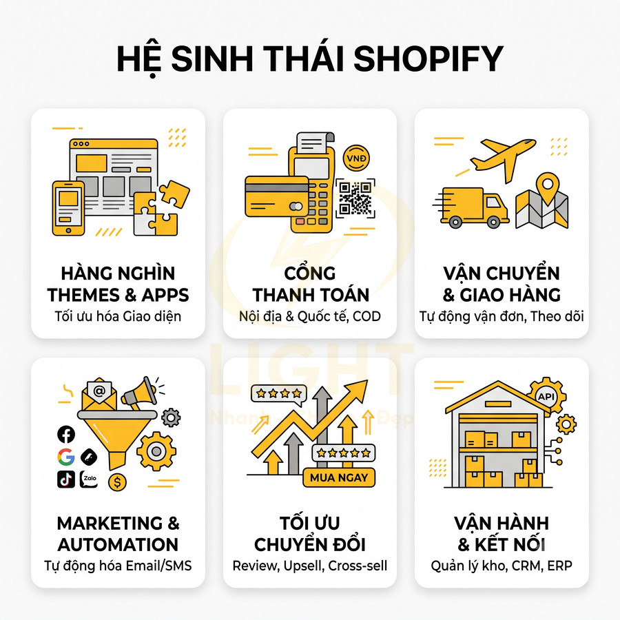 Hệ sinh thái Shopify với themes, cổng thanh toán, vận chuyển, marketing, tối ưu chuyển đổi và vận hành kết nối ERP