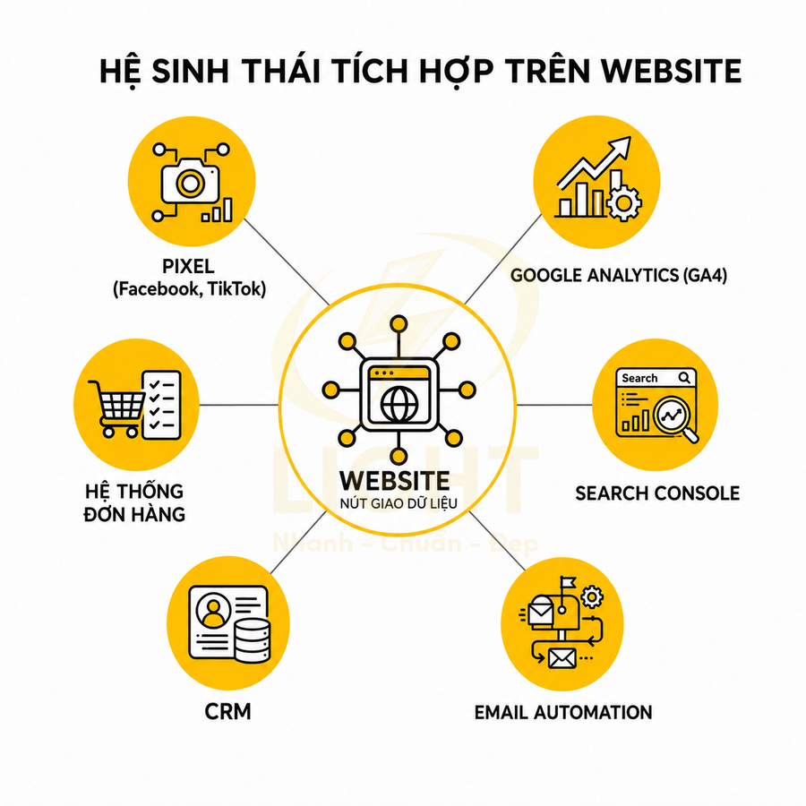 Sơ đồ hệ sinh thái tích hợp website với Pixel Facebook TikTok, Google Analytics, Search Console, CRM, email và hệ thống đơn hàng