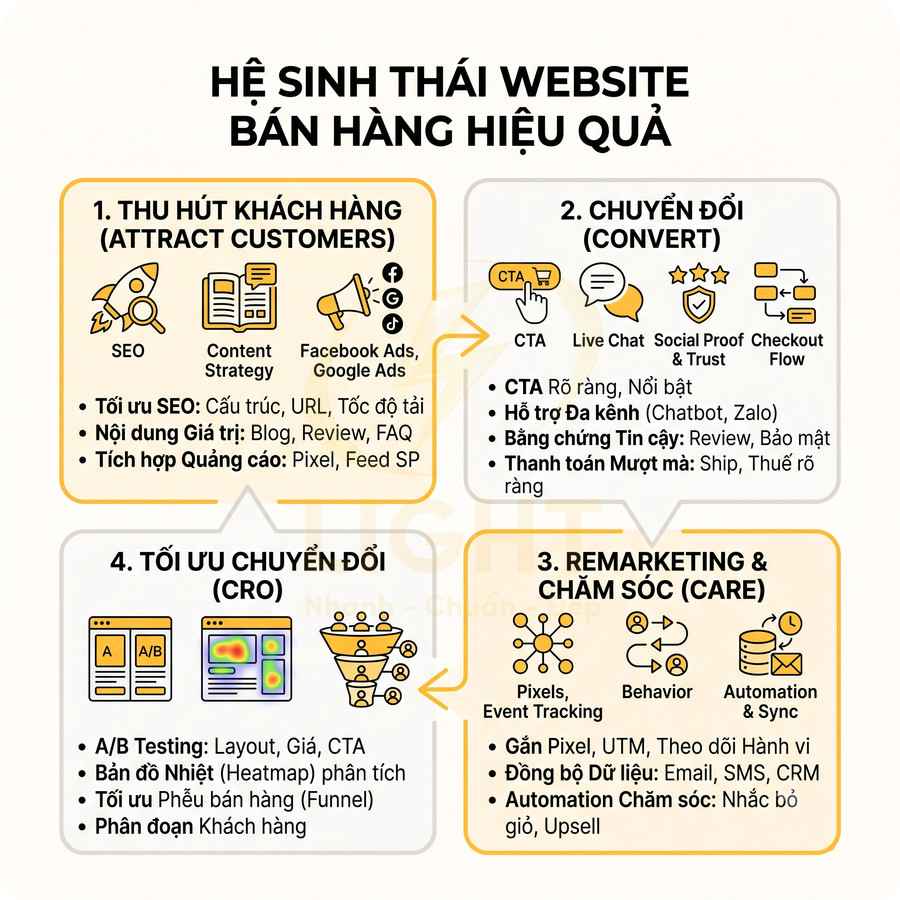 Sơ đồ hệ sinh thái website bán hàng hiệu quả với 4 bước thu hút, chuyển đổi, remarketing và tối ưu chuyển đổi