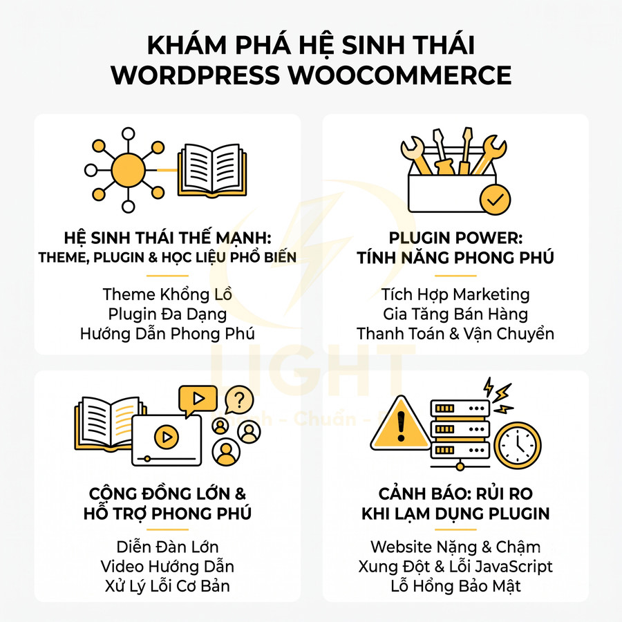 Khám phá hệ sinh thái WordPress WooCommerce với theme, plugin đa dạng, cộng đồng hỗ trợ và cảnh báo rủi ro plugin