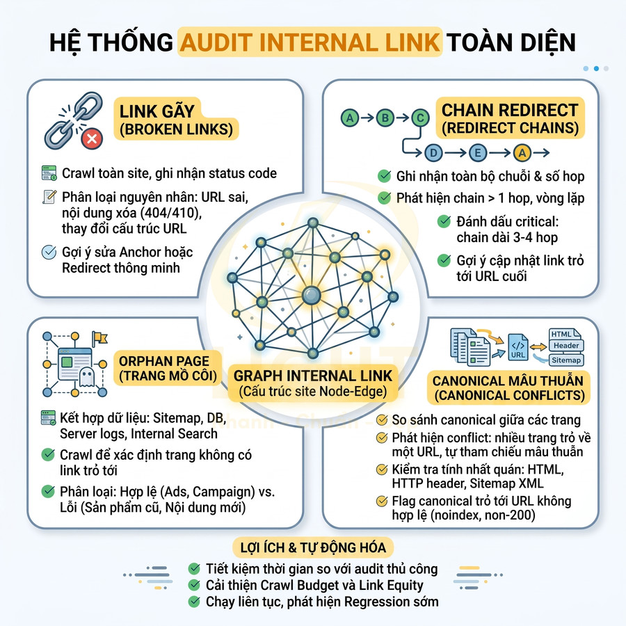 Infographic hệ thống audit internal link toàn diện với các lỗi link gãy, orphan page, chain redirect và canonical mâu thuẫn