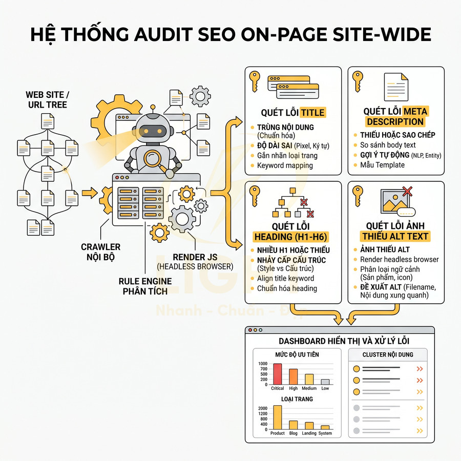 Sơ đồ hệ thống audit SEO onpage sitewide với crawler nội bộ, quét title, heading, meta và ảnh thiếu alt text
