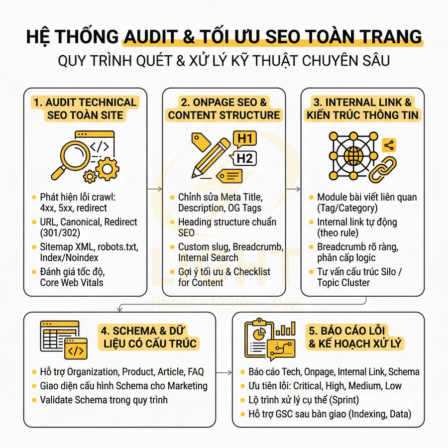 Quy trình audit và tối ưu SEO toàn trang với 5 bước từ kỹ thuật, onpage đến báo cáo xử lý lỗi