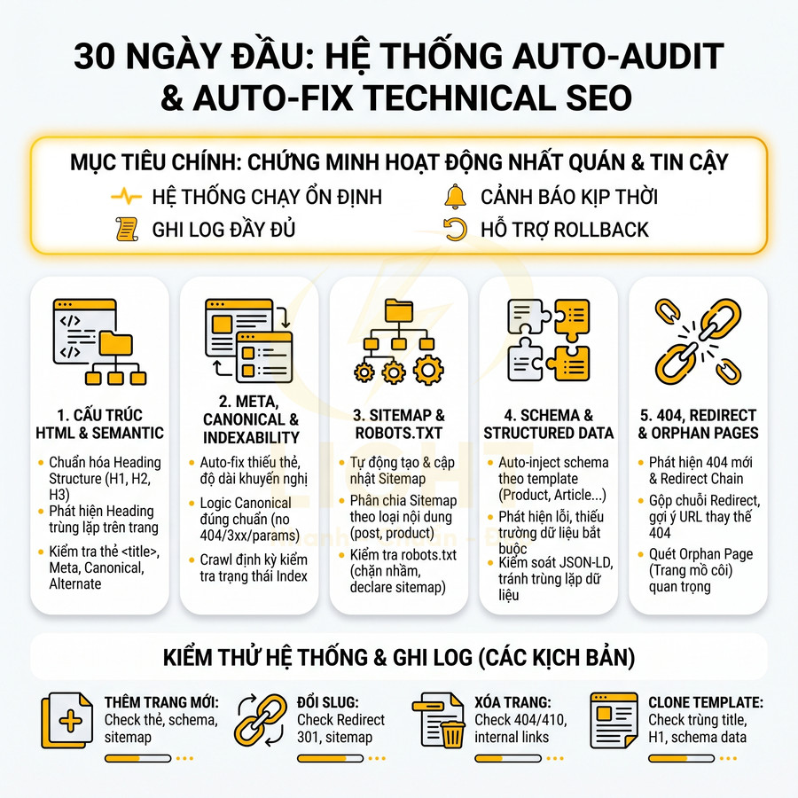 Infographic quy trình 30 ngày đầu thiết lập hệ thống auto audit và auto fix technical SEO cho website