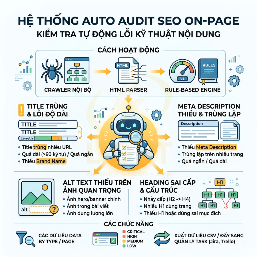 Hệ thống auto audit SEO onpage với robot kiểm tra lỗi nội dung, title, meta description, heading và alt text