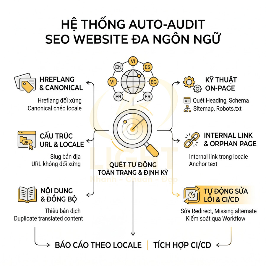 Hệ thống auto audit SEO website đa ngôn ngữ với quét tự động, báo cáo theo locale và tích hợp CI CD