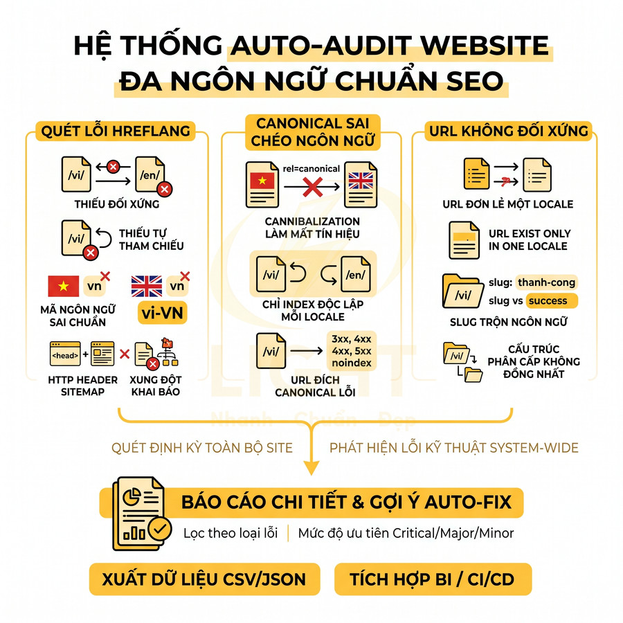 Hệ thống auto audit website đa ngôn ngữ chuẩn SEO, quét lỗi hreflang, canonical, URL và xuất báo cáo chi tiết