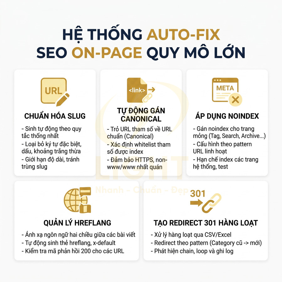 Hệ thống auto fix SEO onpage quy mô lớn với các tính năng chuẩn hóa slug, canonical, noindex, hreflang và redirect 301