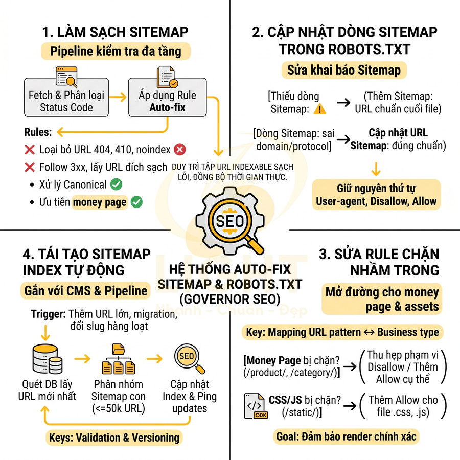 Sơ đồ hệ thống auto fix sitemap và robots.txt Governor SEO tối ưu index và xử lý lỗi kỹ thuật SEO