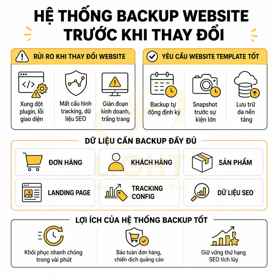 Infographic hệ thống backup website trước khi thay đổi, nêu rủi ro, dữ liệu cần sao lưu và lợi ích backup tốt