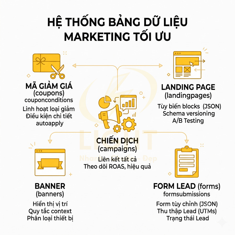Sơ đồ hệ thống bảng dữ liệu marketing tối ưu với chiến dịch, mã giảm giá, banner, landing page và form lead