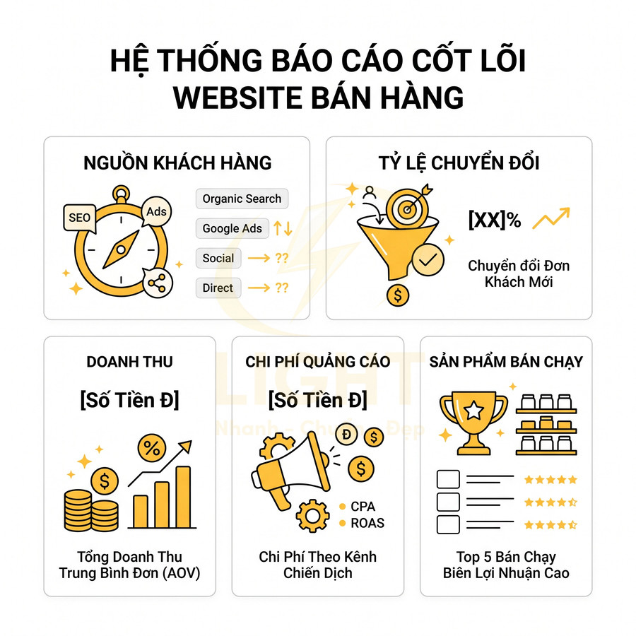 Hệ thống báo cáo cốt lõi website bán hàng với các chỉ số nguồn khách, chuyển đổi, doanh thu, chi phí quảng cáo, sản phẩm bán chạy