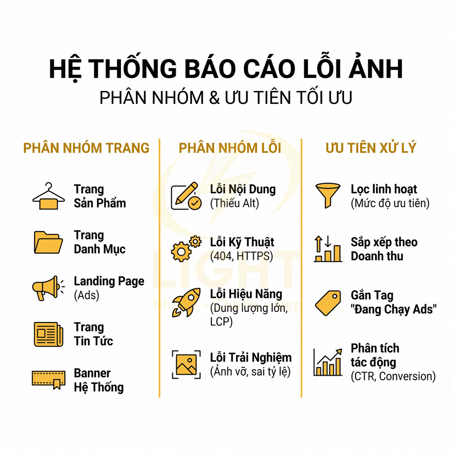 Hệ thống báo cáo lỗi ảnh cho website với phân nhóm trang, phân loại lỗi và ưu tiên xử lý tối ưu
