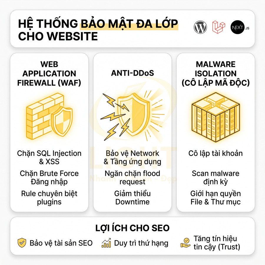 Hệ thống bảo mật đa lớp cho website với WAF, chống DDoS và cô lập mã độc, tối ưu an toàn và hỗ trợ SEO