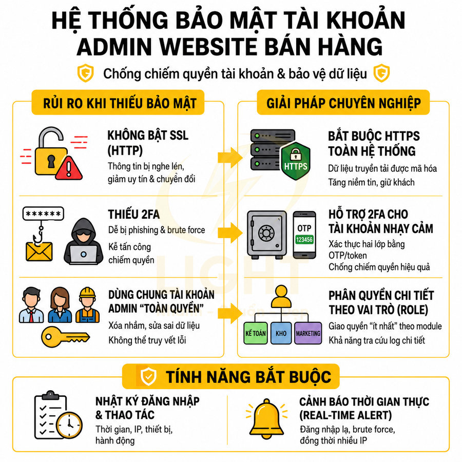 Hệ thống bảo mật tài khoản admin website bán hàng với SSL, 2FA, phân quyền và cảnh báo đăng nhập